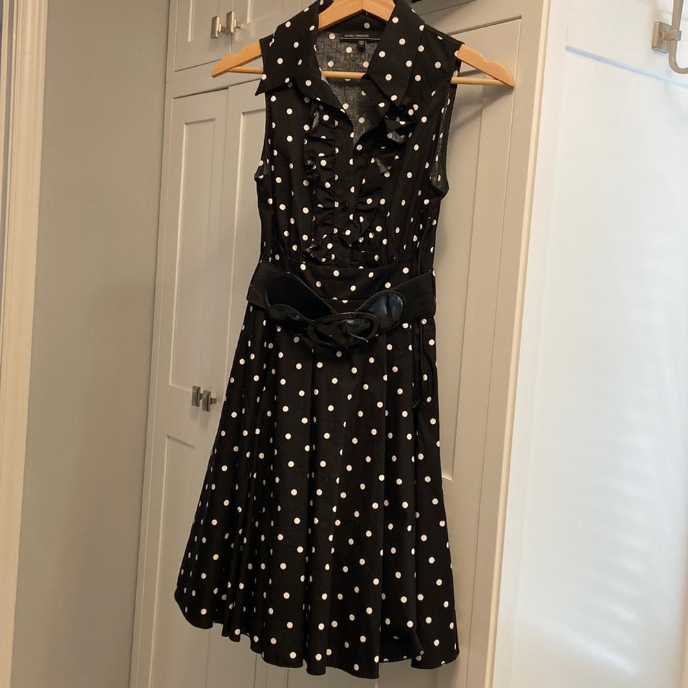 Belted A-line Dress in Black and White Polka Dots